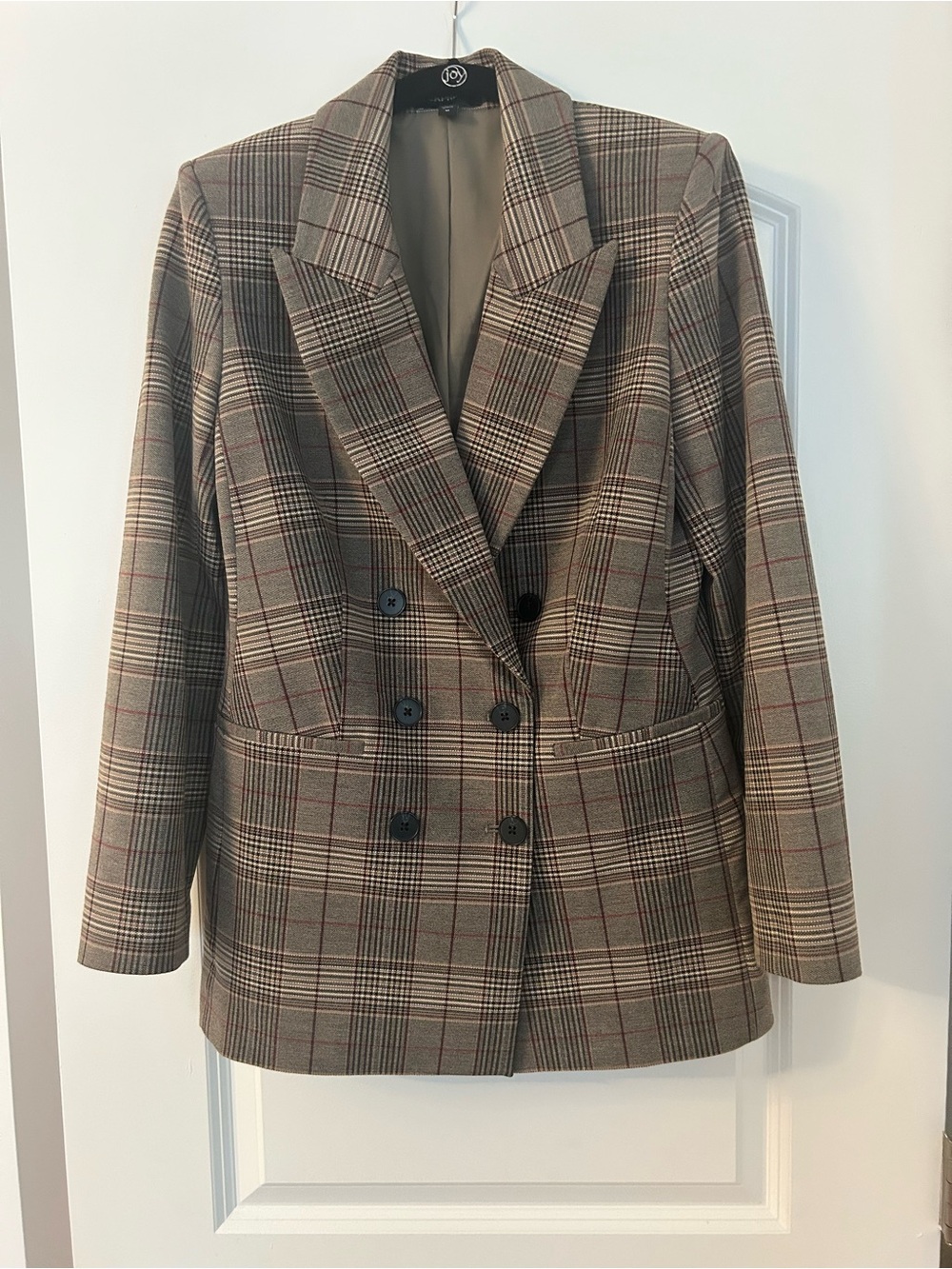 Express Brown Plaid Double-Breasted Blazer w/Shoulder Pads